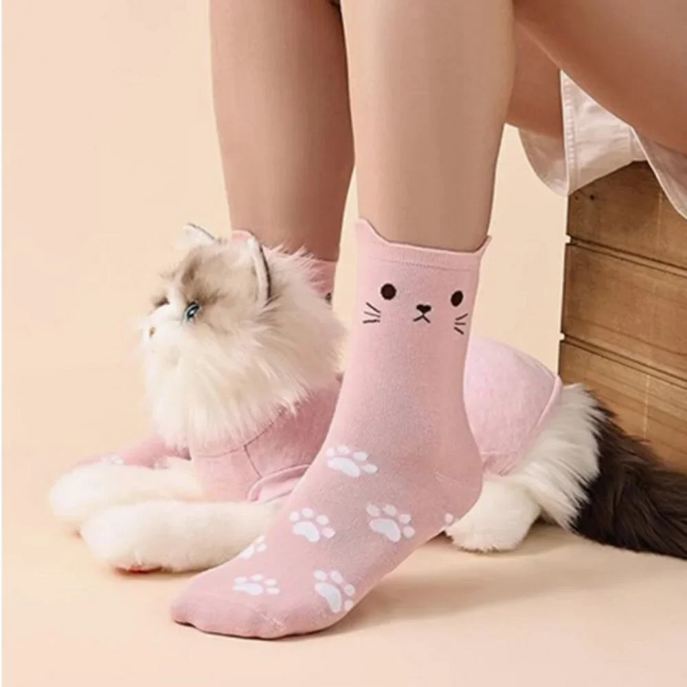 Jeasona 5 Pairs Cat Themed Face, Paws with Ears Sz 6-10 Crew Socks with Gift Tin